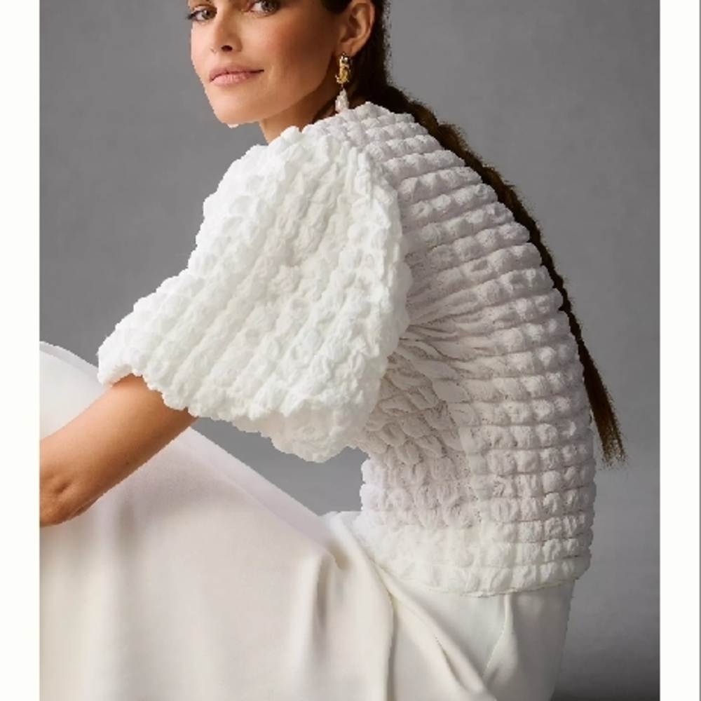 White Textured Puff Sleeve Top